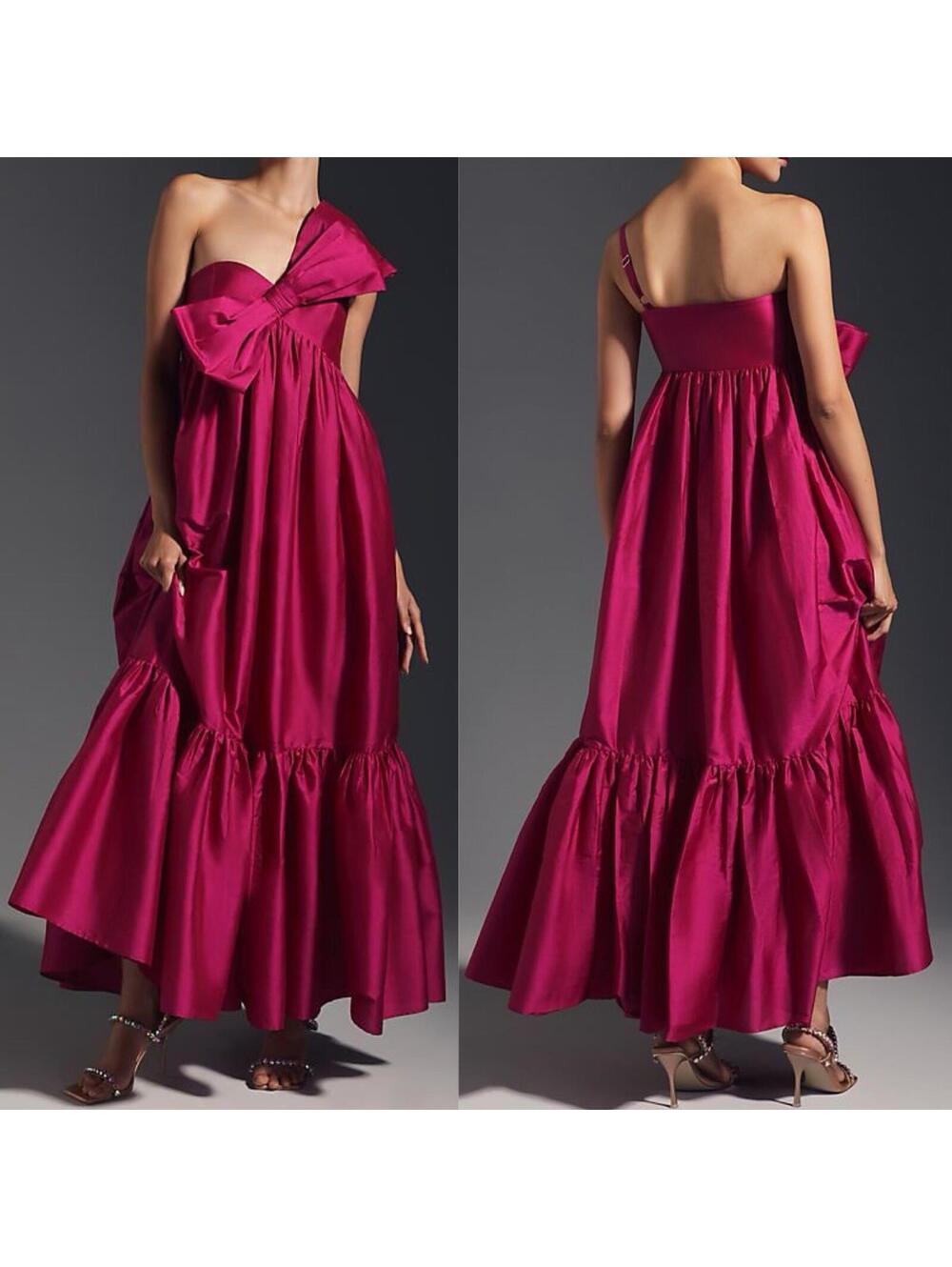 ATSU Pink One Shoulder Bow Gown Satin Maxi Dress Wedding Guest Formal Size SM